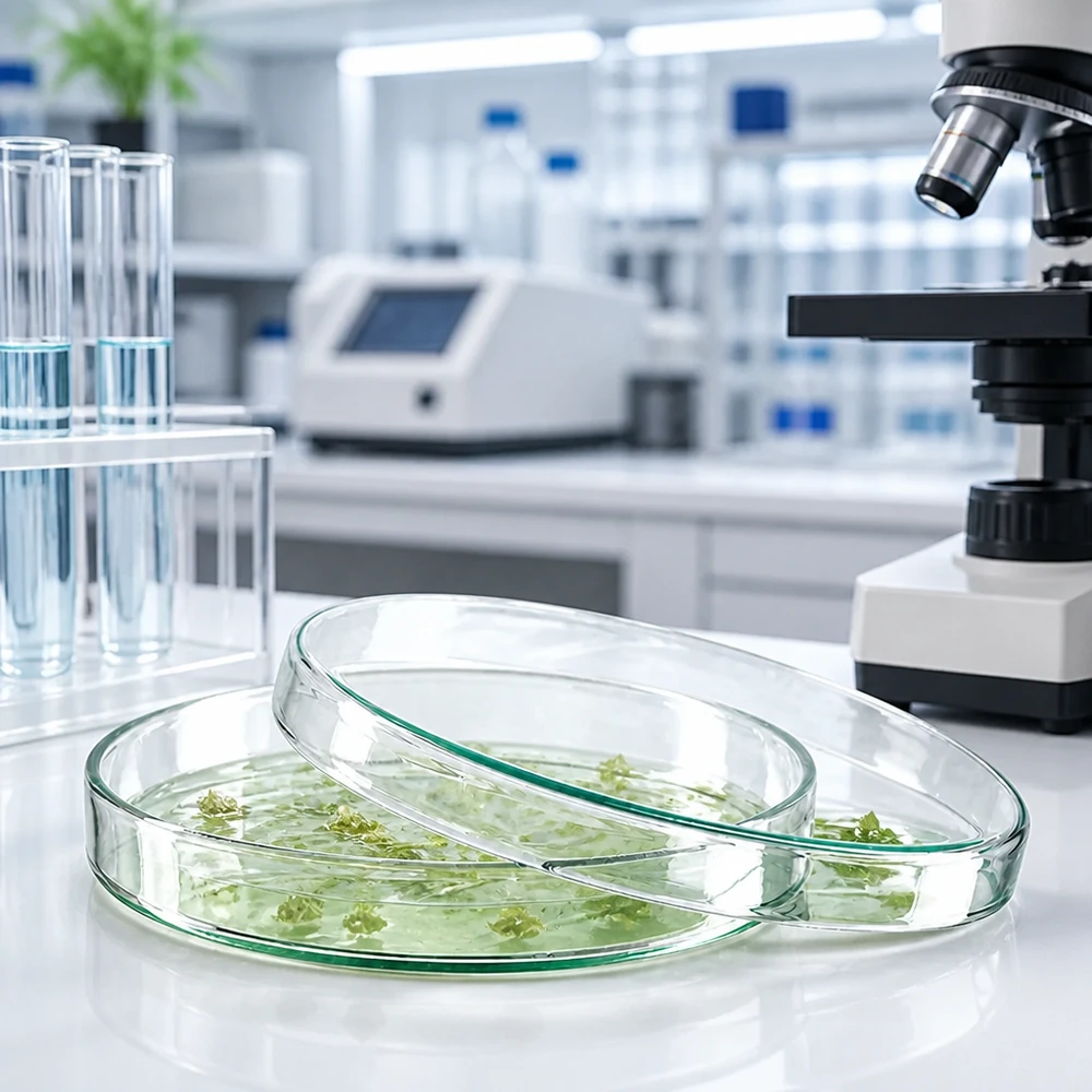 Placa Petri 120x20mm vidrio Placas de Petri de cristal de 120 x 20 mm con cultivos de plantas verdes en solución nutritiva junto a un microscopio en el laboratorio