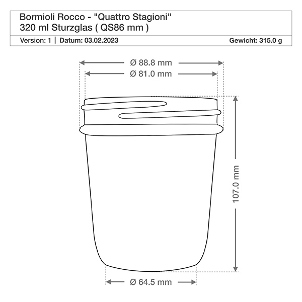 Tarro redondo "Quattro Stagioni" de 3800ml con tapa. Dibujo técnico Bormioli Rocco Quattro Stagioni Tarro de conserva de 320 ml con dimensiones y especificaciones Detalles del producto