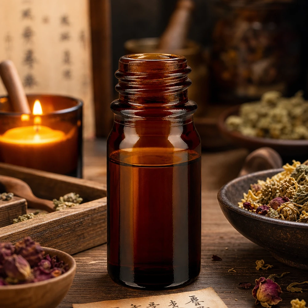 Frasco de farmacia ApoGlas marrón de 5 ml con caracteres de hierbas chinas y características de la medicina tradicional