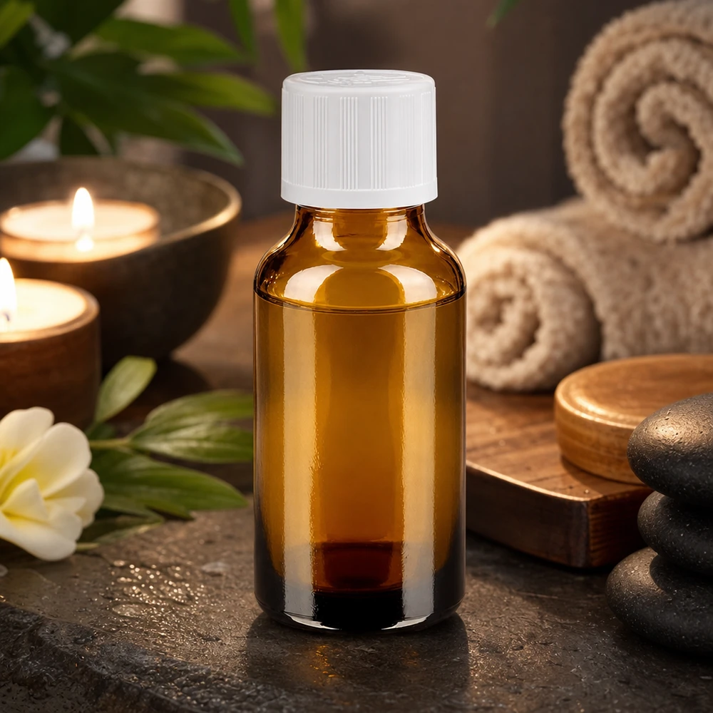 Frasco compacto de vidrio ámbar de 20 ml con tapón blanco KiSi, junto a velas y piedras de masaje