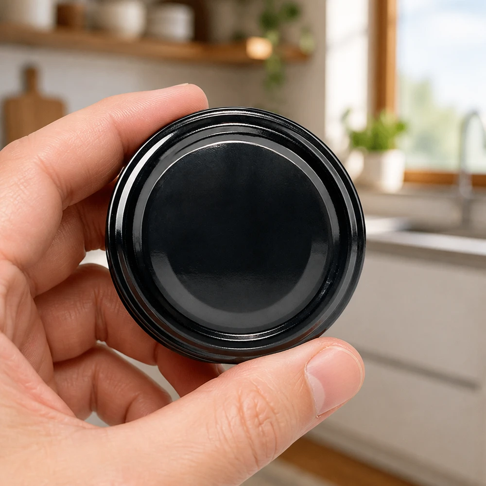 UNiTWIST TO82 negro, BioSeal, sin BPA, UNiTWIST Tapa metálica negra TO82 UNiTWIST BioSeal sin BPA, sostenida con una mano, fondo de cocina