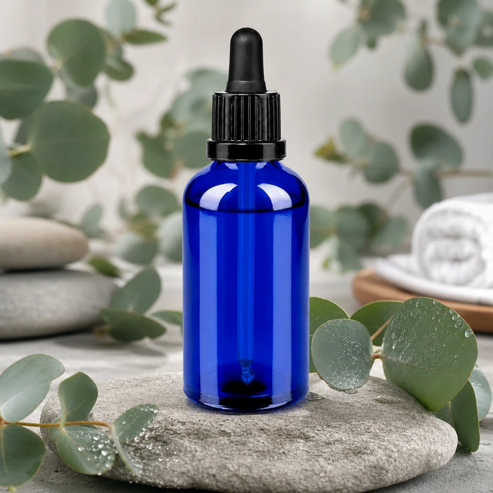 Frasco pipeta 50ml cierre inviolable negro BlueLine UT18/50 Elegante frasco pipeta de 50 ml en azul real, perfecto para aplicaciones de cosmética y aromaterapia