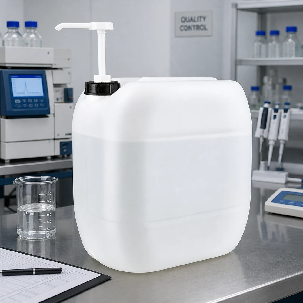 Bidón 30 litros con bomba dosificadora Bidón de 30 litros con bomba dosificadora junto a un vaso de precipitados de 250 ml en el laboratorio de control de calidad
