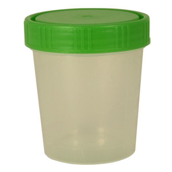Vaso de orina de color natural 125ml con tapa a rosca verde Vaso de orina de color natural 125ml con tapa a rosca verde