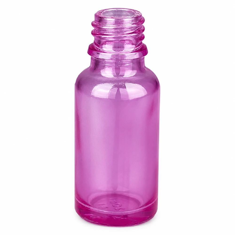 Frasco de vidrio transparente morado de 20 ml con rosca para aceites esenciales y sueros