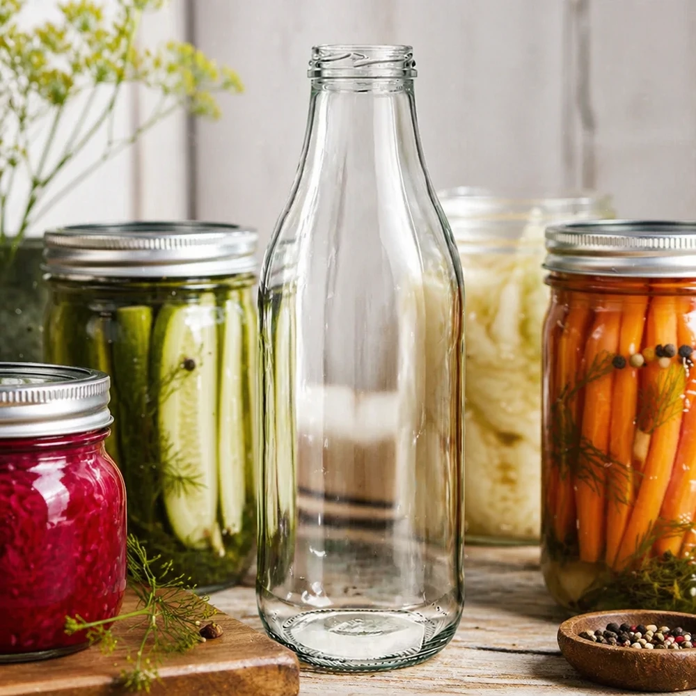1000ml botella de vidrio TO48 UNiTWIST sin tapa entre frascos de conservas con verduras en escabeche Cocina escenario Conservación
