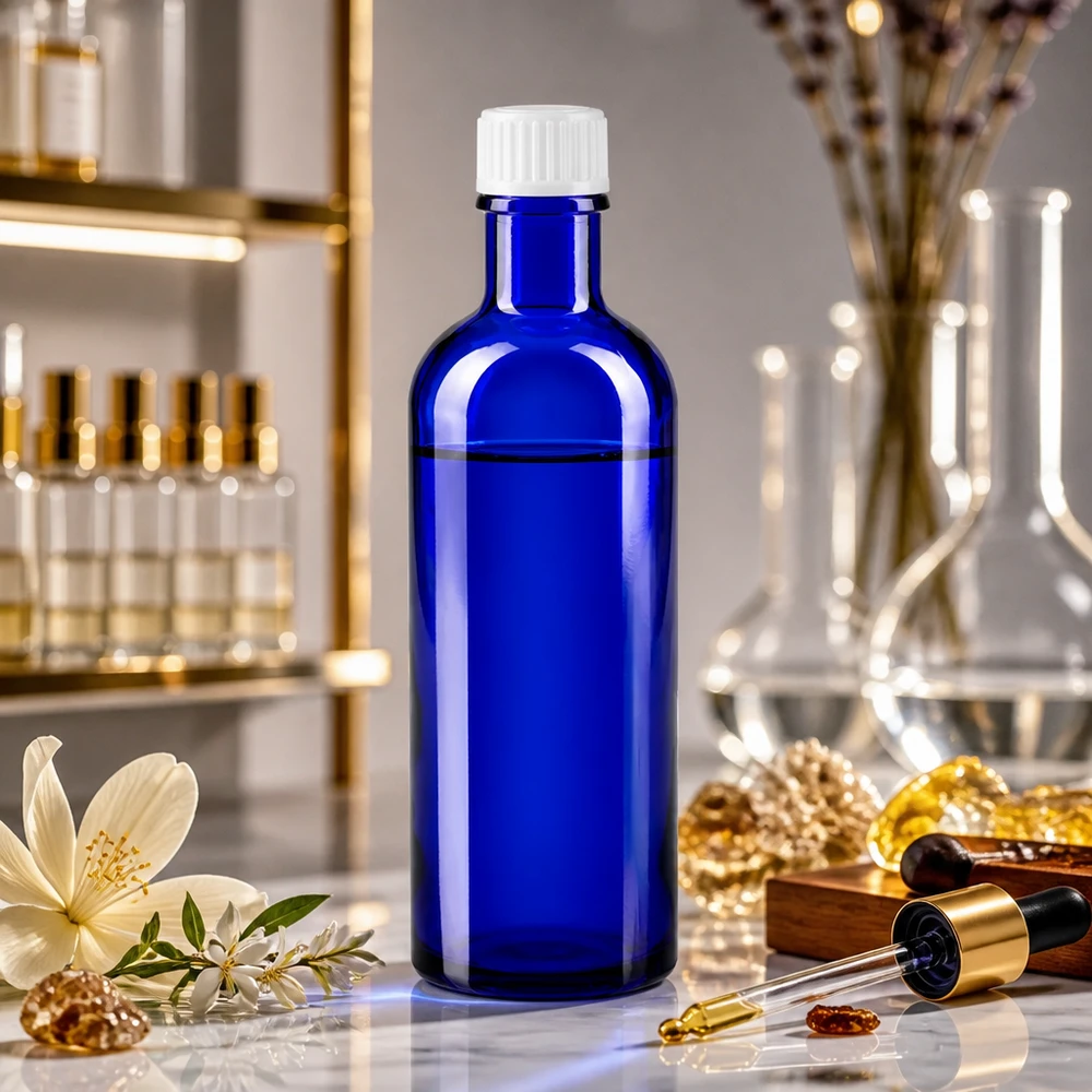 Botella de farmacia azul 200ml tapón rosca blanco estándar Frasco de farmacia azul cobalto de 200 ml con tapón de rosca blanco para aplicaciones de laboratorio
