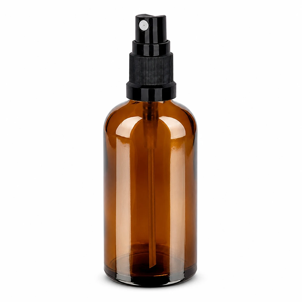 Frasco pulverizador marrón de 100 ml con atomizador negro para cosmética y aromaterapia