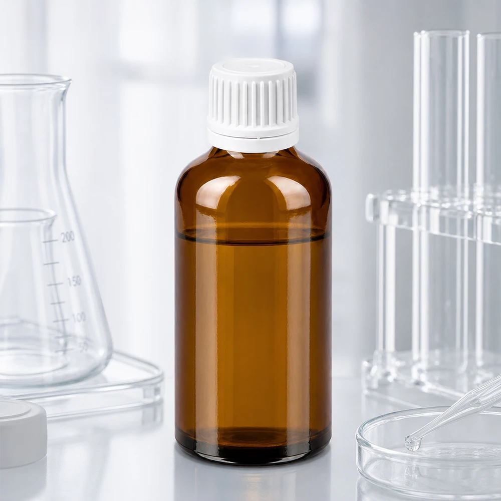 Frasco de laboratorio de 50 ml de vidrio ámbar con protección UV y tapón blanco para productos químicos