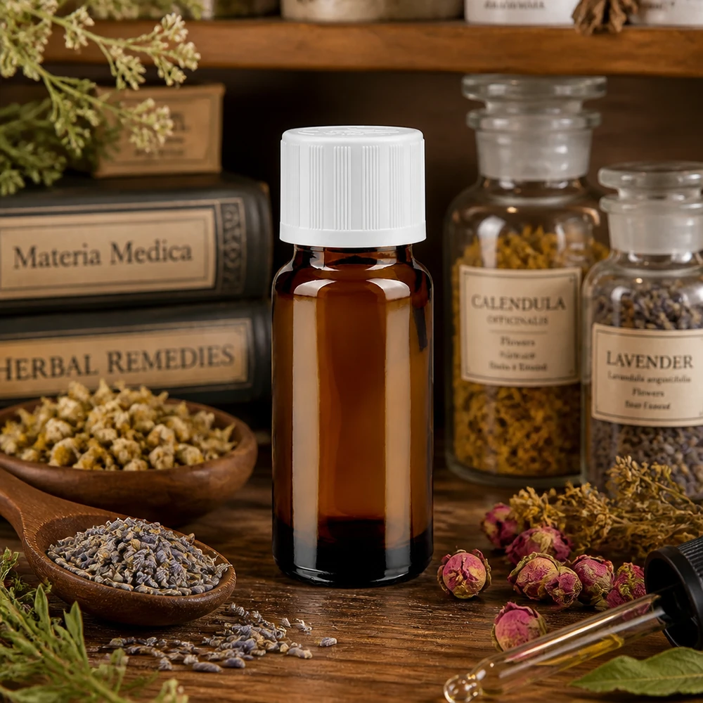 Frasco cuentagotas marrón de 10 ml con tapón KiSi blanco, entre pétalos de rosa secos y libros de hierbas medicinales