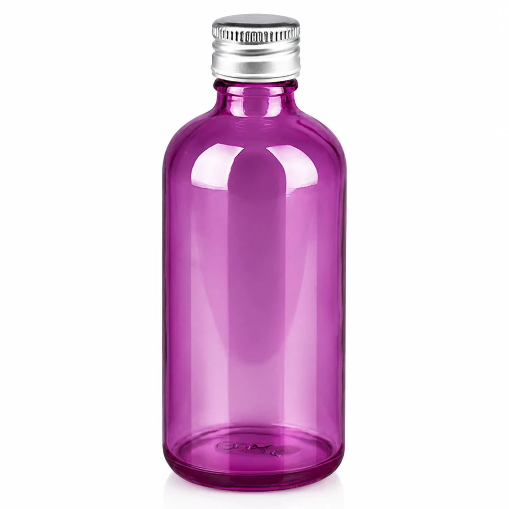 Botella de 100 ml. Tapón de rosca de 11 mm aluminio-plata estándar PurpleLine. UT18/100 Frasco de vidrio de 100 ml con tapón de aluminio de color morado brillante para cosmética y aromaterapia
