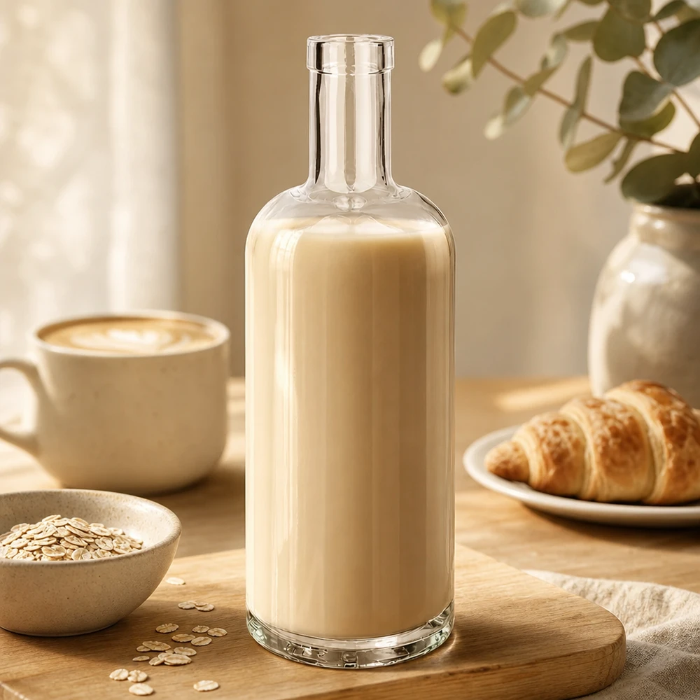Botella de cristal de 750 ml de Emma llena de leche de avena beige junto a taza de café croissant y avena sobre mesa de madera