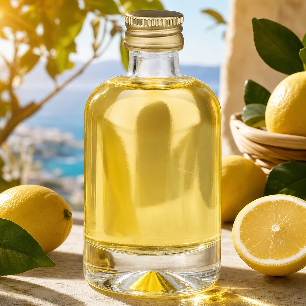 Botella de cristal de 40 ml Sara llena de contenido amarillo entre limones - foto de producto con ambiente mediterráneo
