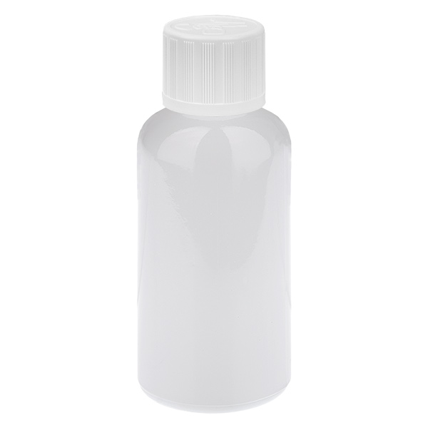 Frasco de 50 ml con tapón de rosca de 11 mm blanco estándar con cierre de seguridad para niños WhiteLine UT18/50 Frasco de 50 ml con tapón de rosca de 11 mm blanco estándar con cierre de seguridad para niños WhiteLine UT18/50