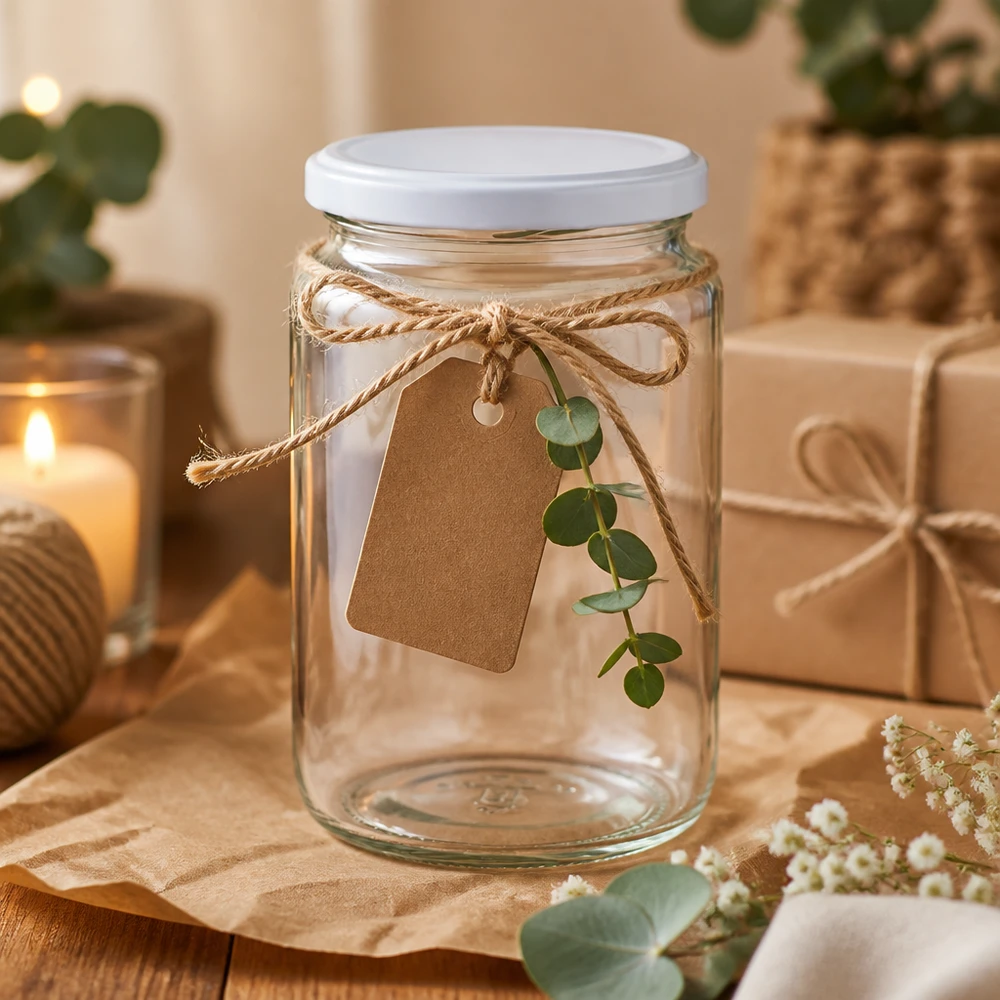 Tarro redondo 795ml con tapa BasicSeal blanco UNiTWIST Vaso redondo UNiTWIST de 795 ml decorado con cinta de rafia, etiqueta de regalo y rama de eucalipto como idea decorativa