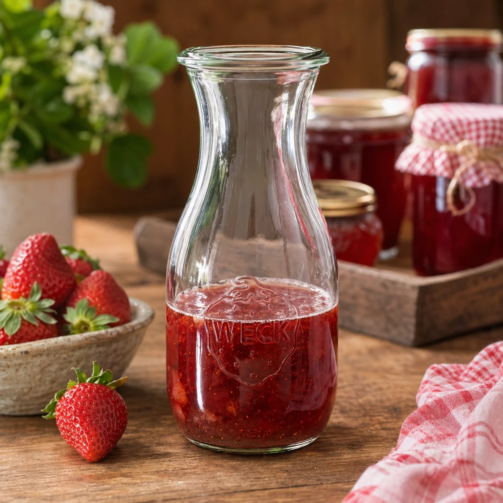 Botella de zumo WECK 530ml RR60 llena de zumo de fresa junto a tarros de mermelada y paño de cocina a cuadros decorado rústicamente