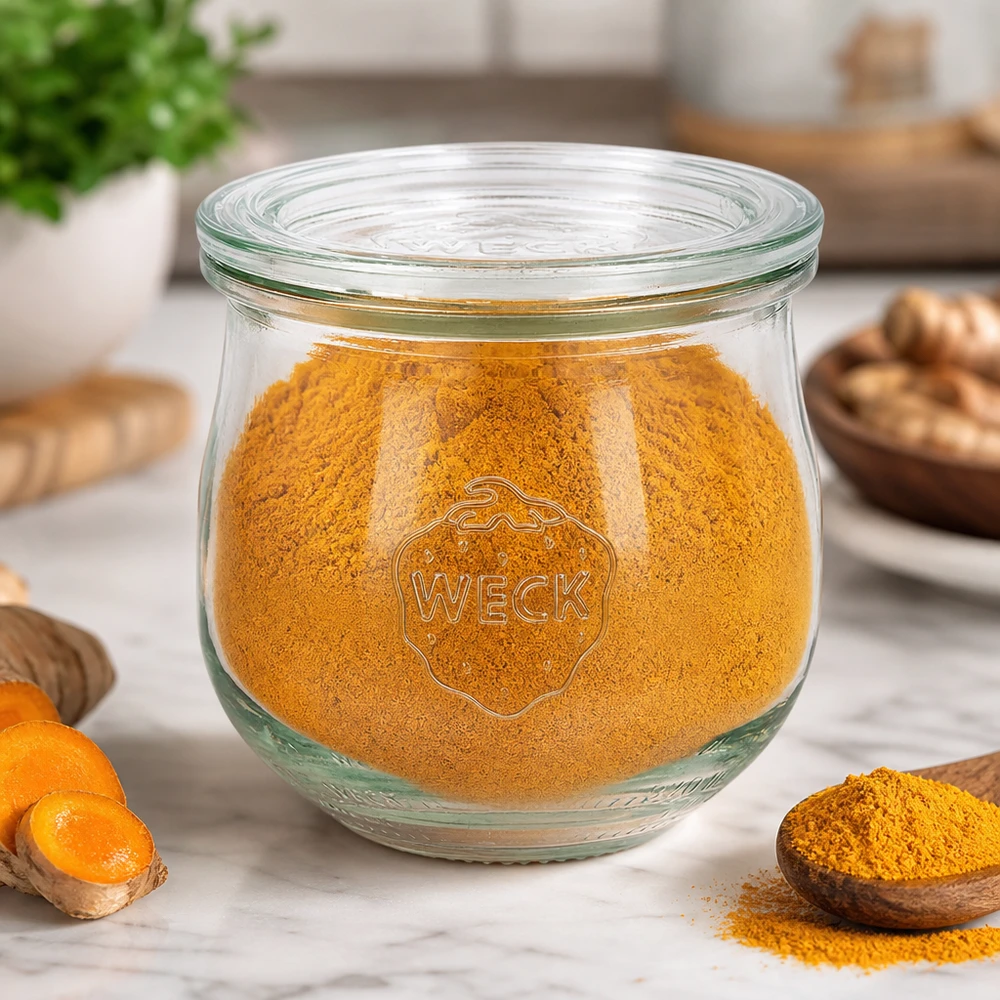 Tarro tulipa 370ml con tapa de cristal WECK RR80 WECK tarro tulipán 370ml RR80 lleno de cúrcuma en polvo en la cocina junto a raíces de cúrcuma y especias sobre tabla de madera