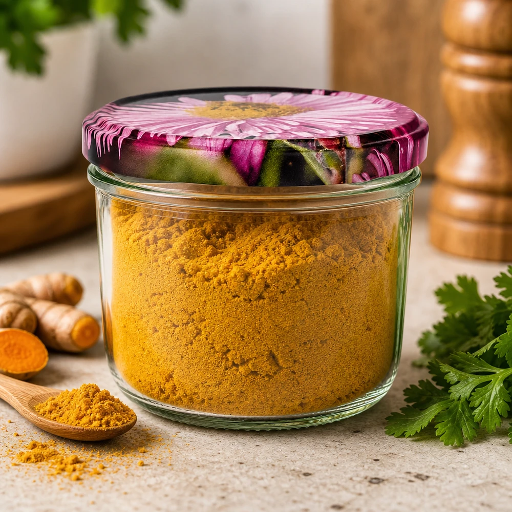 Tarro de conserva de 230 ml lleno de cúrcuma en polvo, tapa BasicSeal con estampado de flores, escena de cocina con jengibre fresco y cilantro