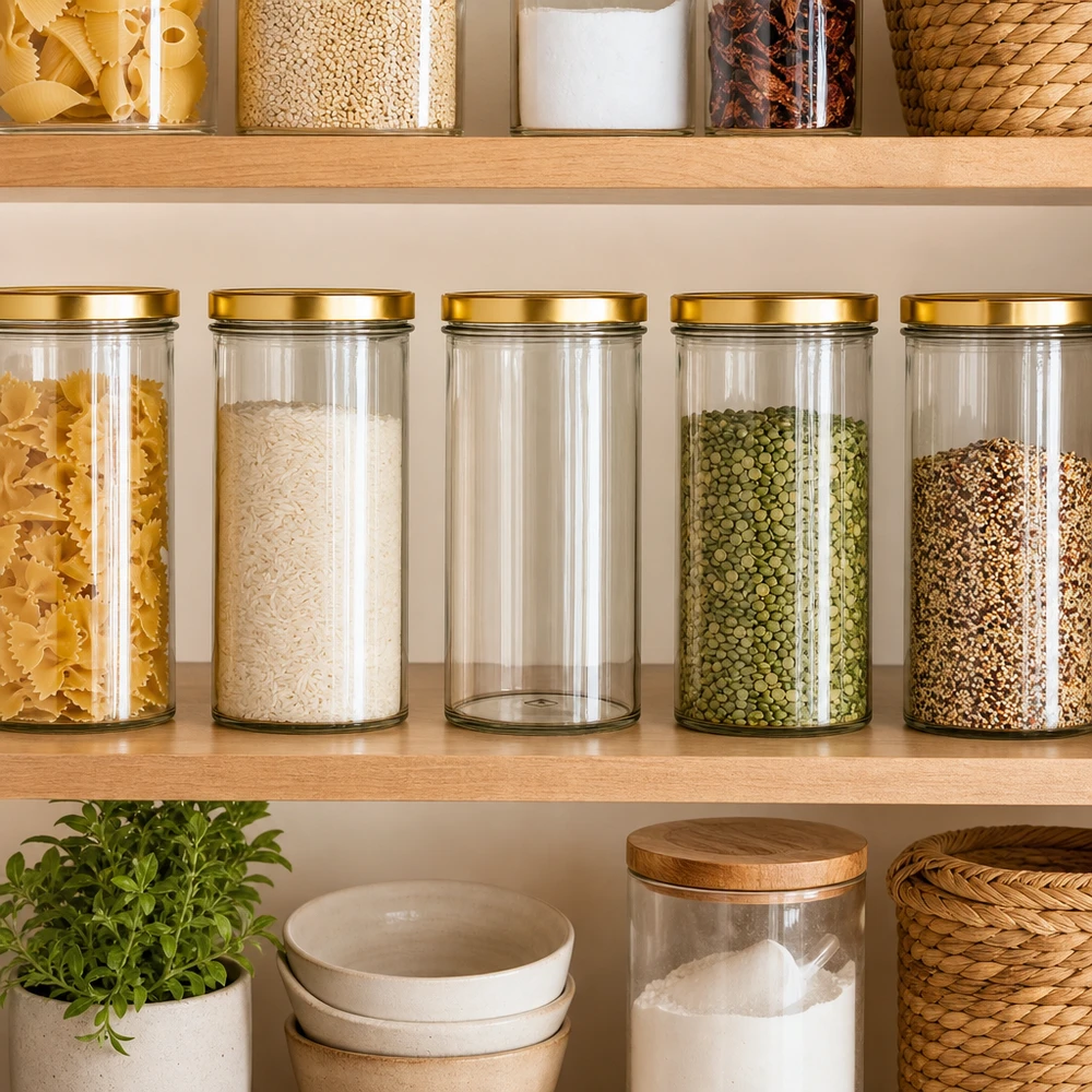 Organizador de despensa con vasos de 277 ml tapa dorada UNiTWIST para arroz pasta lentejas especias estante de cocina