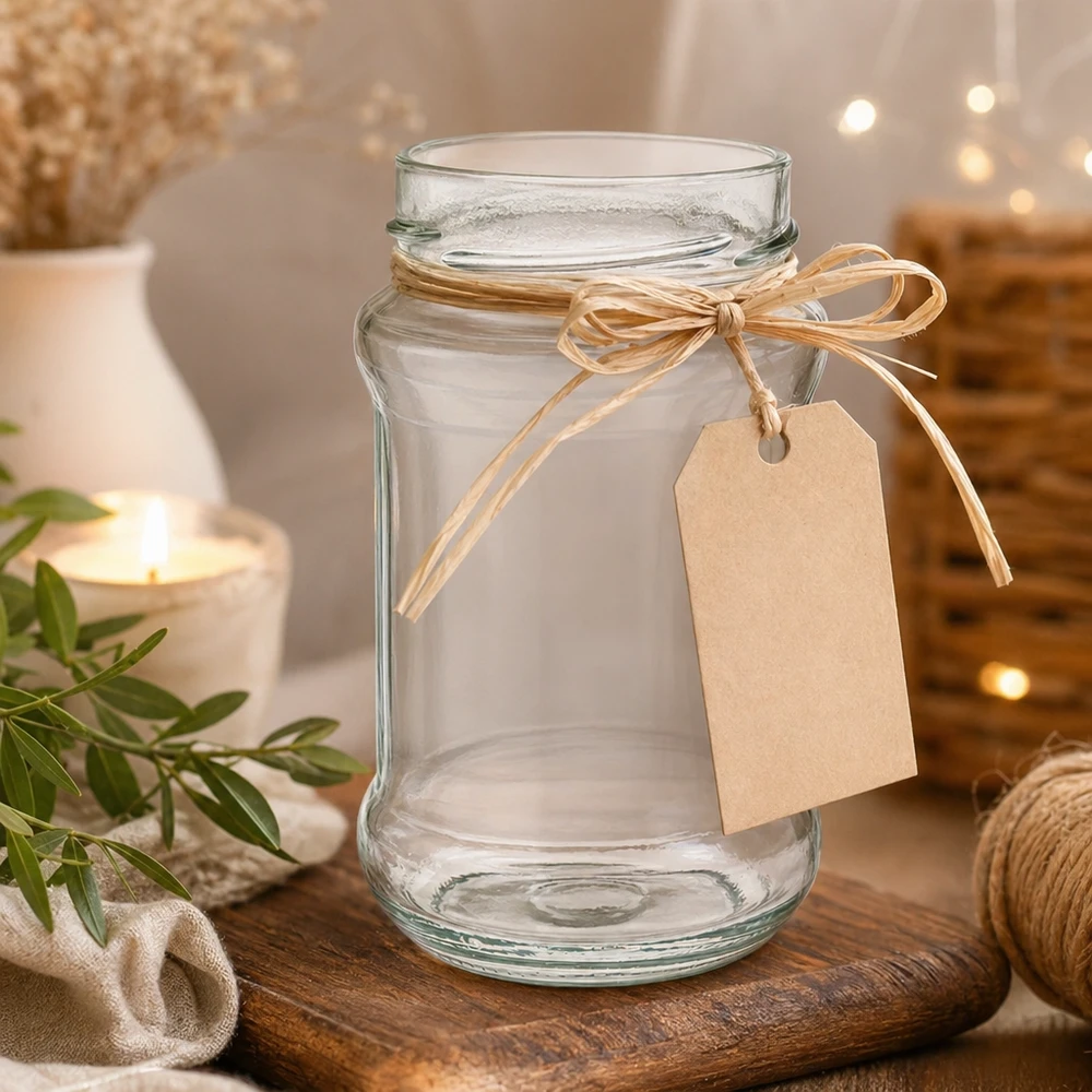 Tarro redondo de 390ml sin tapa (TO66deep) UNiTWIST Leeres Rundglas 390ml mit Deckel und Schleifenband auf Holztisch - ideal für Marmelade Honig und Geschenke von Glas-Fabr