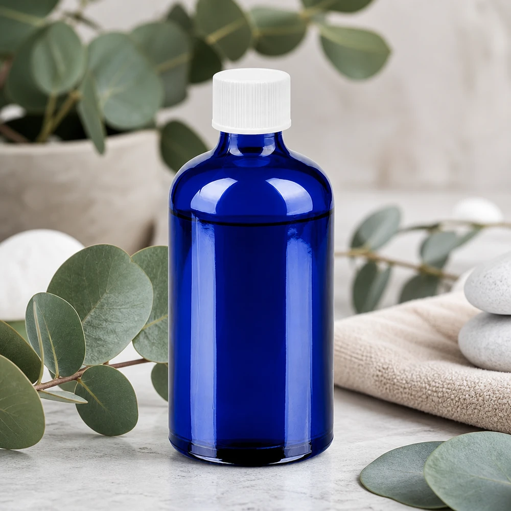 Botella de vidrio de alta calidad de 100 ml en azul cobalto con tapón de rosca blanco para un almacenamiento seguro