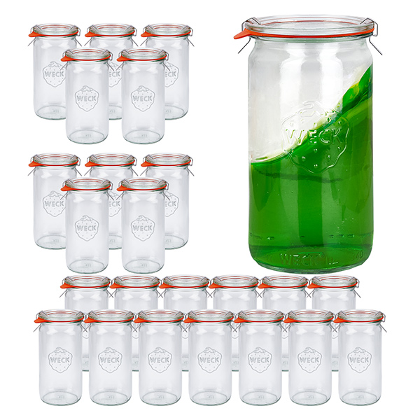 Juego de 24 tarros Weck cilíndricos de 340 ml con 24 tapas de cristal Juego de 24 tarros Weck cilíndricos de 340 ml con 24 tapas de cristal