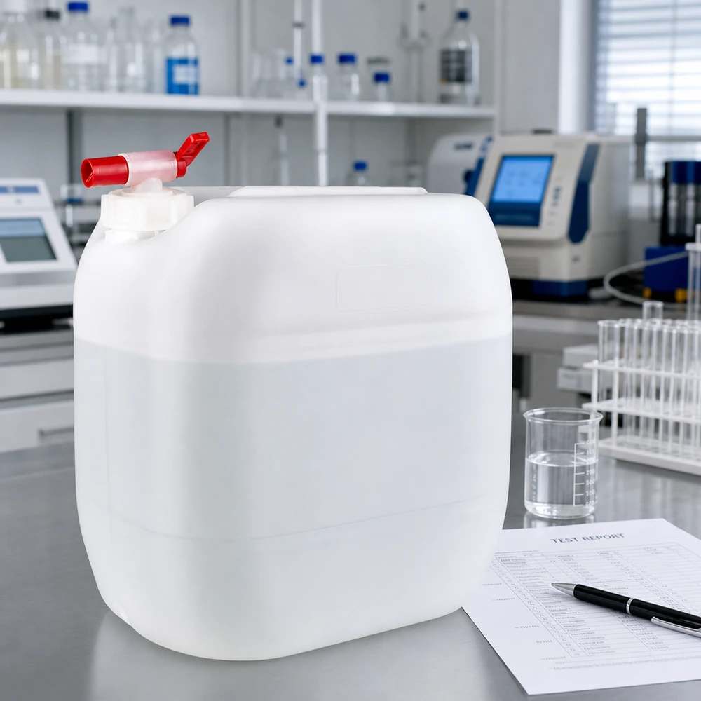 Bidón resistente de 30 litros con grifo, junto a un vaso de precipitados y el informe de pruebas del laboratorio