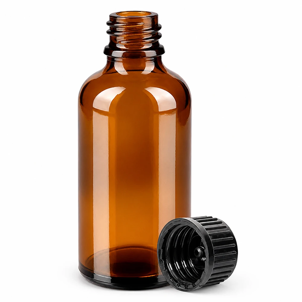 Frasco 50ml 11mm tapón rosca negro estándar BrownLine UT18/50 Frasco de vidrio marrón de 50 ml con rosca de 11 mm y tapón negro para aromaterapia y farmacia