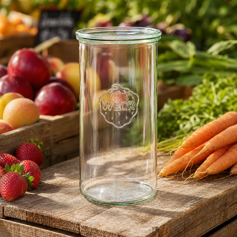 Vaso WECK 1500ml RR100 sobre tabla de madera con fruta fresca verduras fresas zanahorias natural decoración cocina