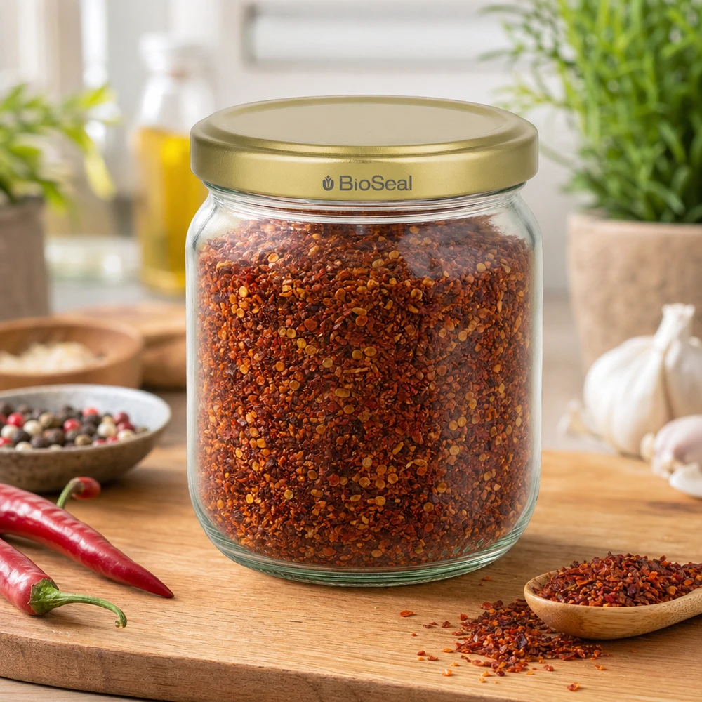 Tarro de miel BioSeal de 500 g lleno de especias rojas sobre tabla de madera con guindilla y ajo en la cocina