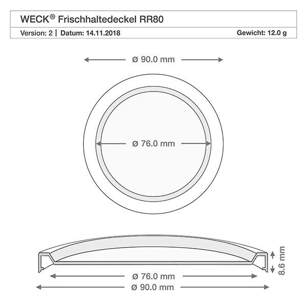Frasco decorativo de 560 ml con tapa hermética WECK RR80 Dibujo técnico Tapa de frescor WECK RR80 con dimensiones 90mm y 76mm de diámetro para tarro cilíndrico de 1040ml