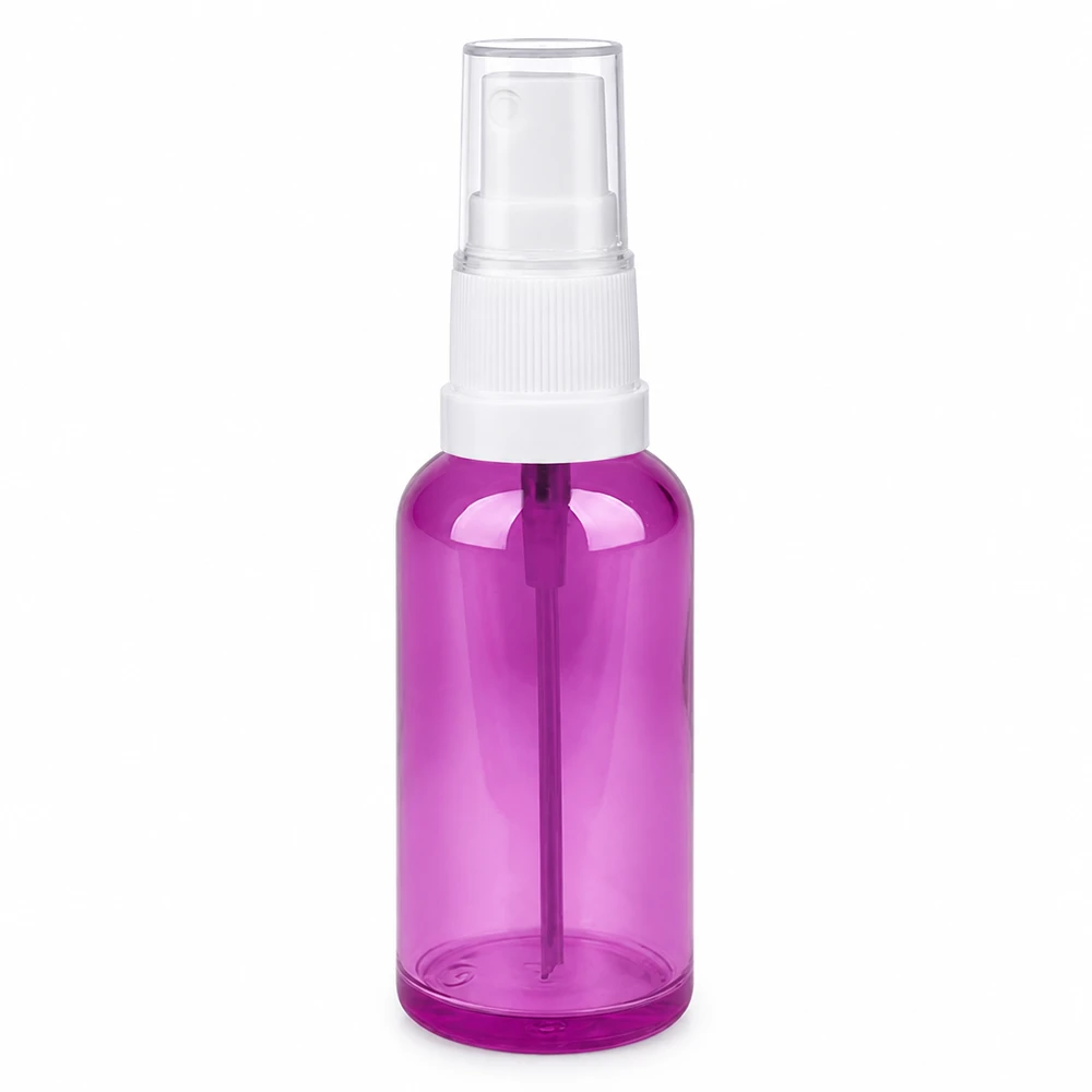 Botella pulverizadora de 50 ml transparente púrpura con cabezal de bomba blanco para cosméticos y productos de cuidado