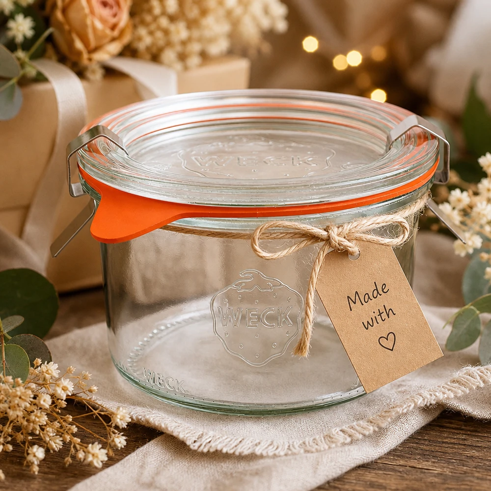 Vasos RR80 WECK de 200 ml como idea de regalo decorados con una etiqueta de papel kraft Made with Love y flores secas