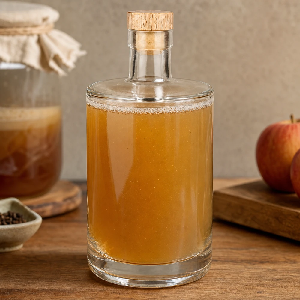 Botella de vidrio de 700 ml «Marie» con tapón de corcho con asa de madera UNiTWIST® 700ml Glasflasche Marie mit Holzkorken gefüllt mit goldbrauner Flüssigkeit in gemütlicher Küche neben Apfel und Gewürzen