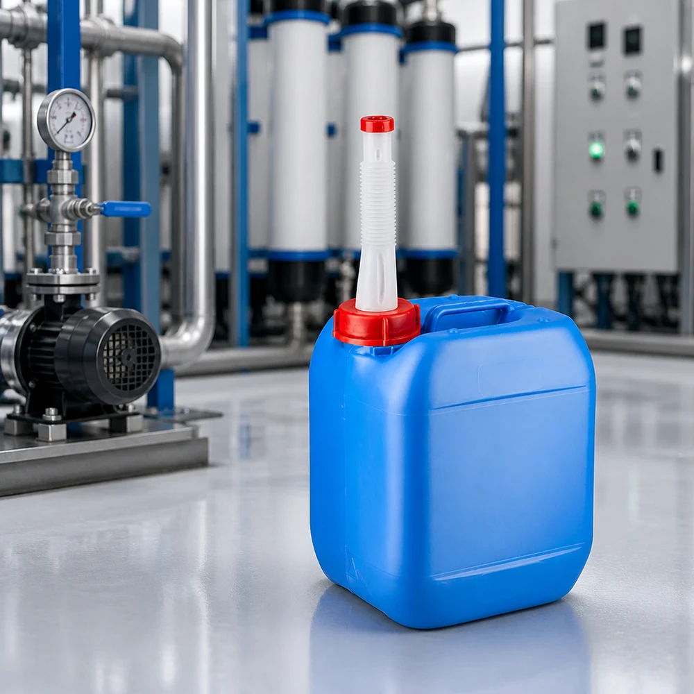 Bidón 5 litros azul con tubo de salida Flex Bidón portátil de 5 litros de color azul con tubo de salida flexible, situado frente a una planta industrial de tratamiento de aguas