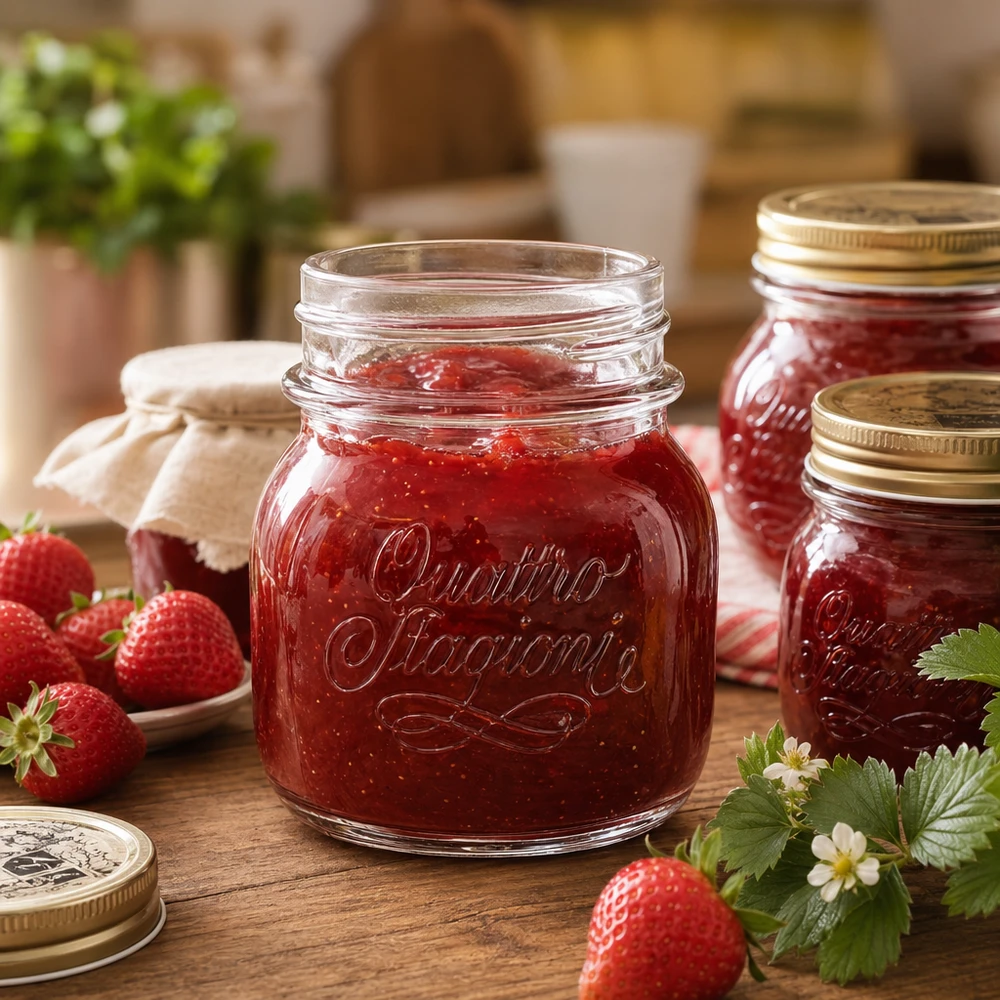 Tarro doméstico Quattro Stagioni de 150 ml lleno de mermelada de fresa junto a fresas frescas sobre una mesa de madera