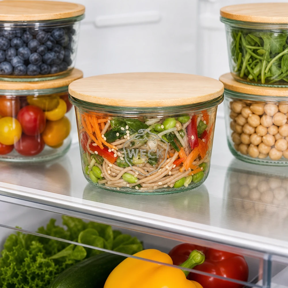WECK vasos 80ml RR60 con tapa de bambú Frigorífico Meal Prep almacenamiento organización Mantener verduras y pasta fresca