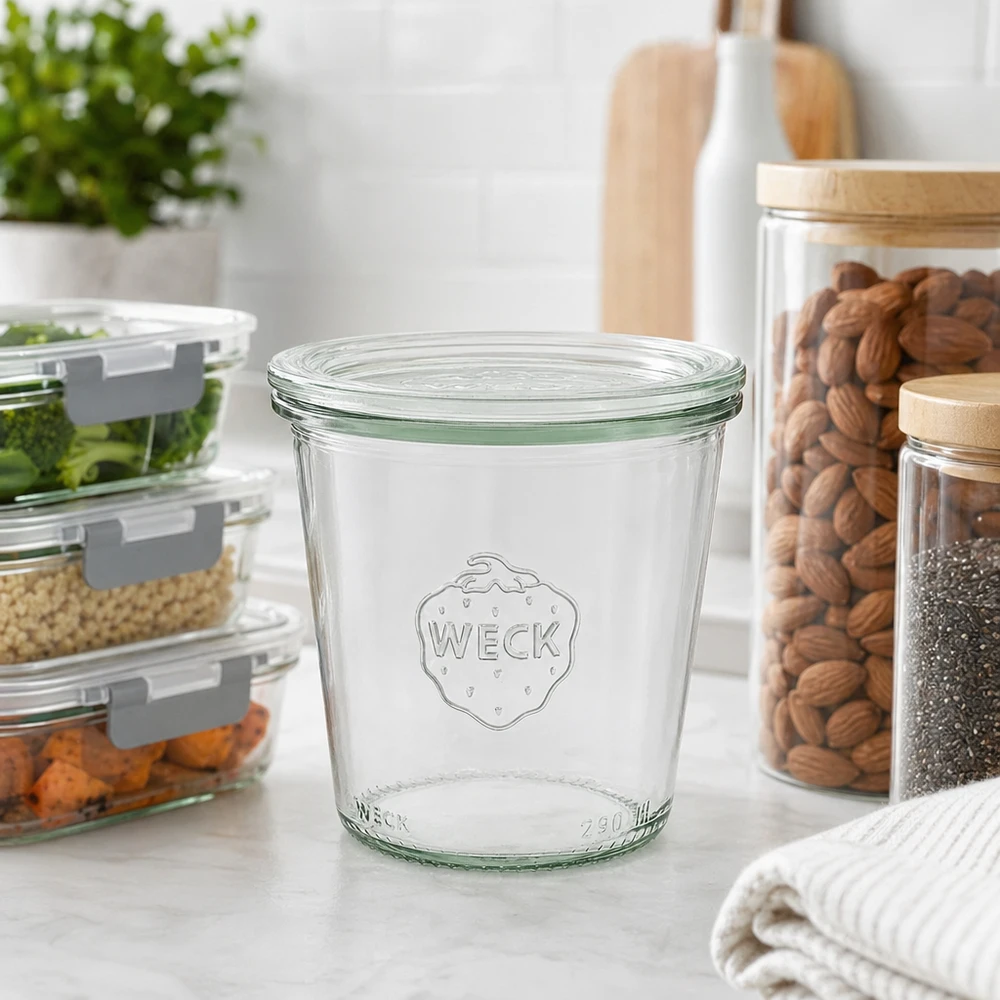 Vasos altos de 290 ml con tapa de cristal WECK RR80 WECK vasos 290ml RR80 en cocina moderna con tarros de almacenamiento para frutos secos y alimentos
