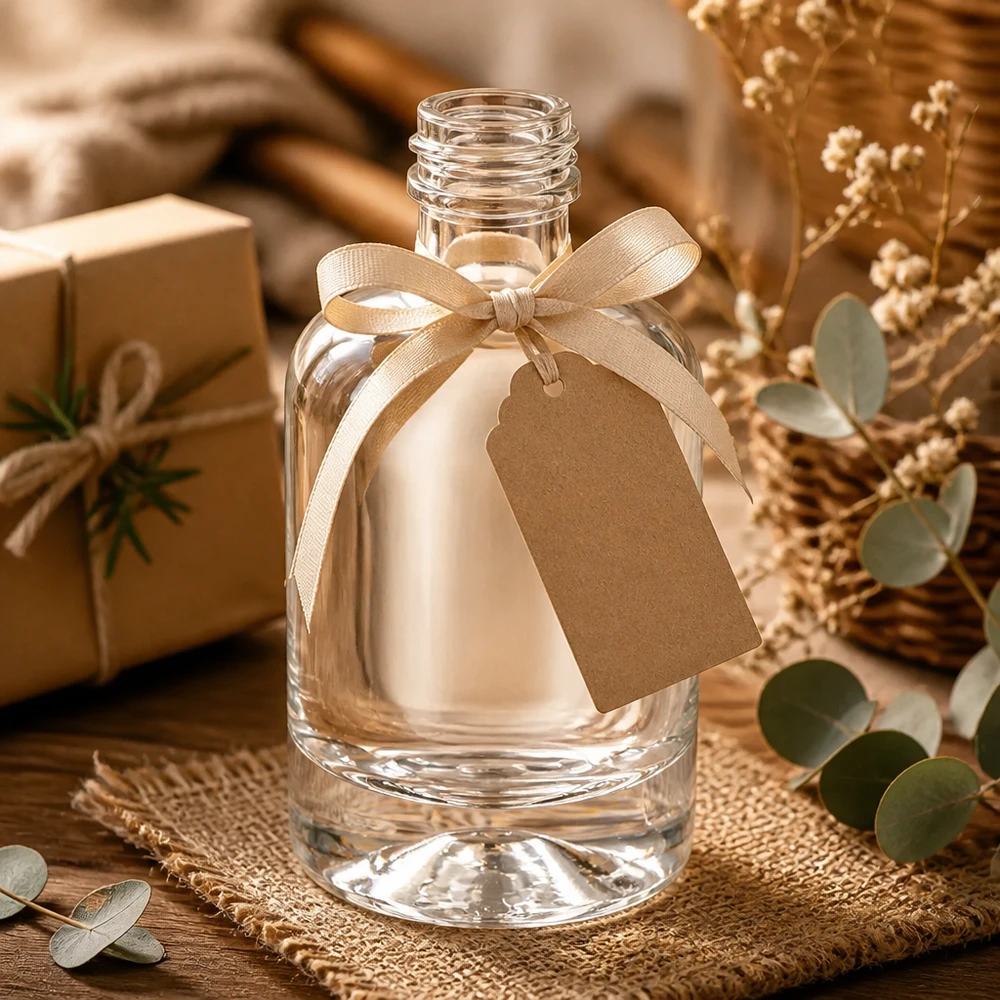 Botella de cristal de 40 ml Sara decorada con lazo y etiqueta de regalo sin tapón para regalar
