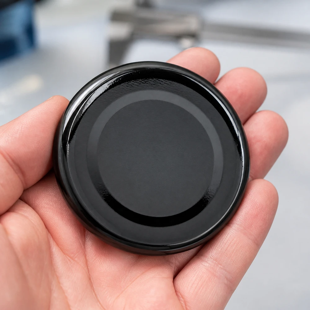 Primer plano de una tapa roscada negra TO48 de 48 mm, modelo UNiTWIST BasicSeal, en la palma de la mano, en un entorno de taller