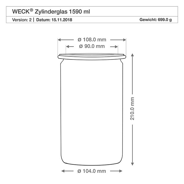 Juego de 6 tarros Weck 1590ml tarros cilíndricos, vasos de 1,5L Dibujo técnico WECK tarro cilíndrico 1590ml RR100 con medidas y dimensiones para cierre de bola de madera