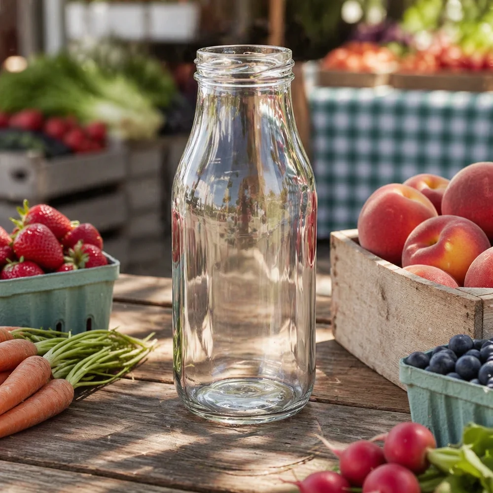 Botella de 263ml sin tapa (TO43) UNiTWIST Leere Glasflasche 263ml auf Holztisch mit frischem Obst und Gemüse - ideal für Säfte Smoothies und Getränke