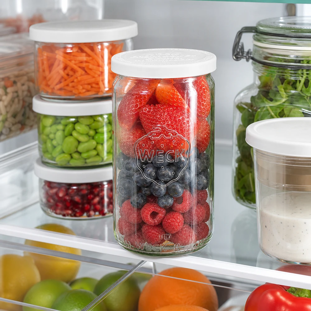 Tarro cilíndrico de 340ml con tapa de frescor WECK RR60 Tarro cilíndrico WECK de 340 ml lleno de bayas mixtas en el frigorífico junto a otros tarros con verduras