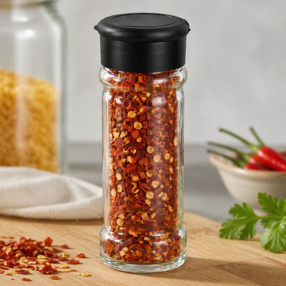 Frasco de copos de chile de 100 ml con tapa dosificadora negra sobre una tabla de madera, junto a chiles frescos