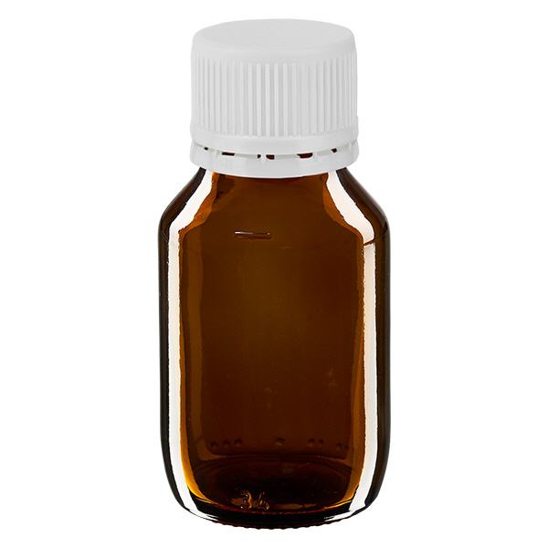 Frasco medicamento 50ml marrón, tapón blanco con precinto de seguridad ApoGlas Frasco medicamento 50ml marrón, tapón blanco con precinto de seguridad ApoGlas