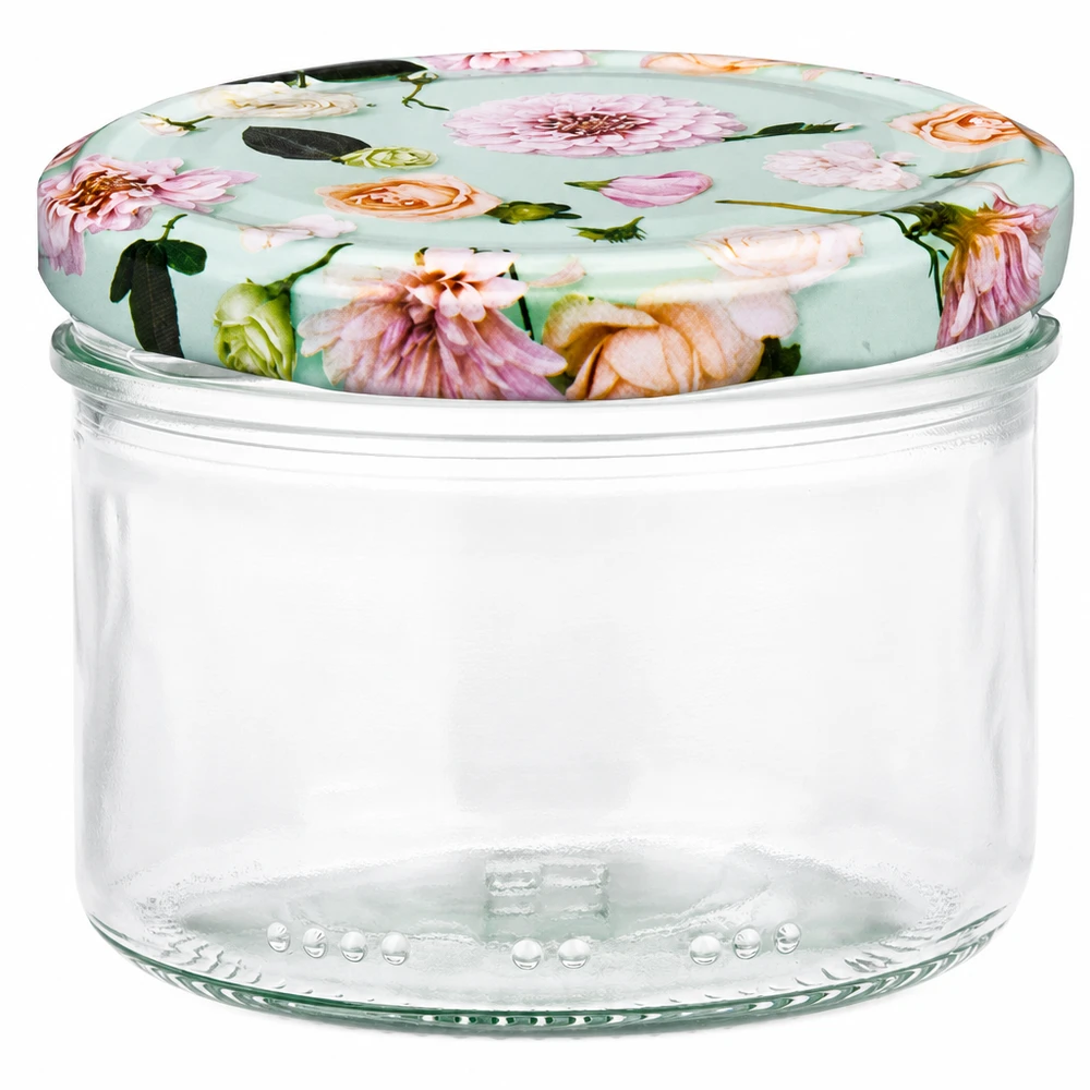 Tarro cilíndrico de 230 ml con tapa BasicSeal flor menta - tarro redondo de almacenaje con estampado de flores sobre fondo verde menta