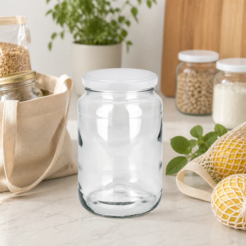 Tarro redondo de 1700 ml con tapa BasicSeal en cocina sostenible de residuo cero con bolsas de malla y tarros de almacenamiento