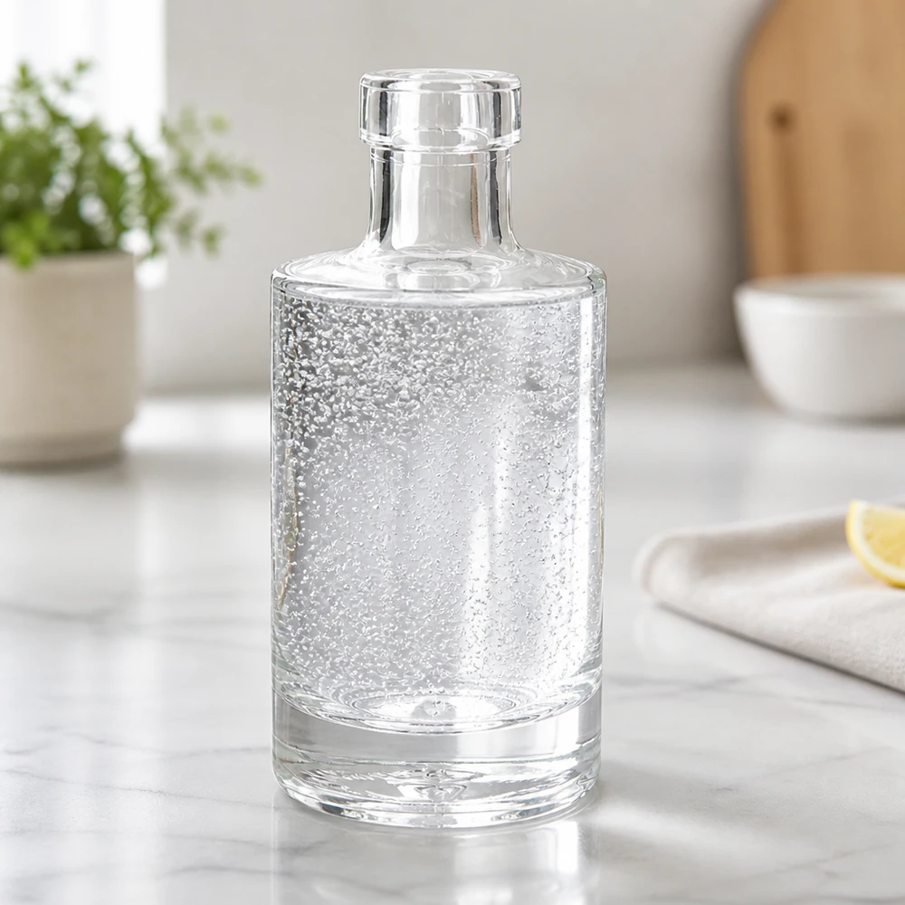 Botella de vidrio de 200 ml «Marie» sin tapón UNiTWIST® Botella de cristal de 200 ml Marie llena de agua con gas en la encimera de mármol cocina moderna botella de agua estilo de vida paisaje