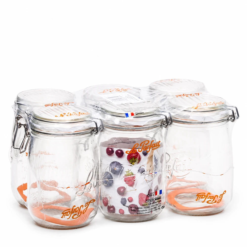 Le Parfait tarro de almacenaje Super 1000ml con tapa abatible Juego de 4 de cristal transparente fabricado en Francia
