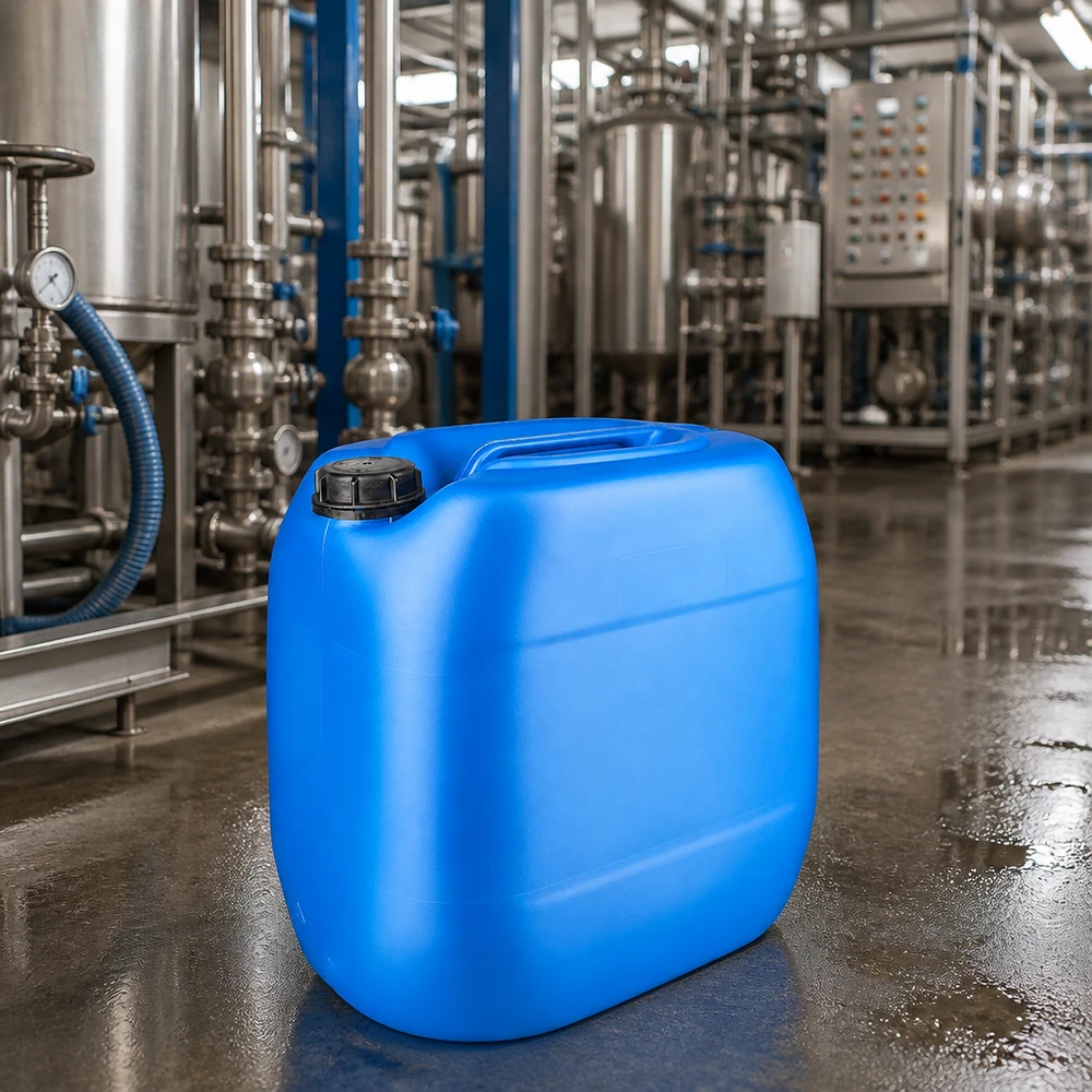 Bidón industrial azul de 30 litros con tapón de rosca (OV) en una moderna planta química